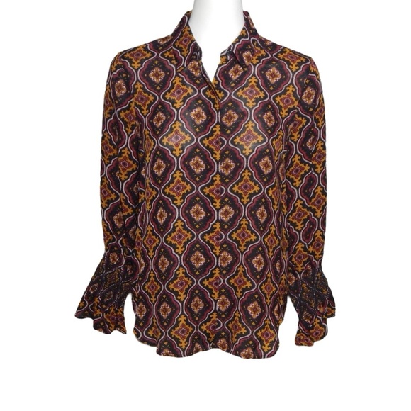 A.L.C. Aubrey Medallion Print Silk Button Down Shirt Top Maroon/Gold Size 4 - Picture 1 of 7